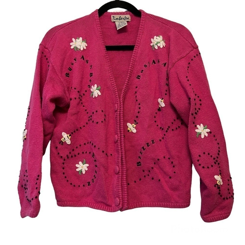 Vintage Timber Lea Pink Busy As A Bee Embroidered Cardigan Sweater
